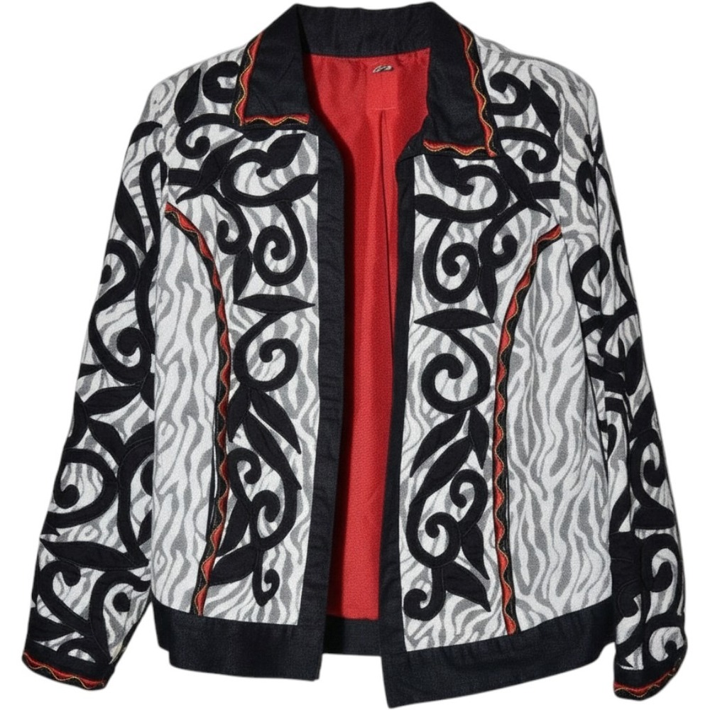 Berek Womens Jacket Black‎ red White Embroidery Sz S Blazer
